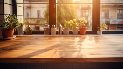 Wooden clean table in the kitchen, The sun shines through the window.