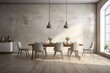 Contemporary room with table, chairs, wooden floor, plaster wall. Cafe, restaurant concept. Dinning room interior background. 3D rendering. Generative AI