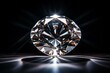 Circular diamond on reflective black background with light and shadow effects. Generative AI