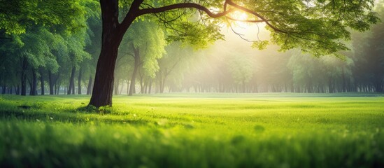 forest park with green trees and grass soft sunlight in the morning calm and refreshing air a natura