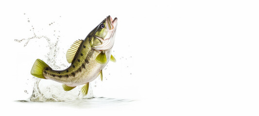 Wall Mural - Largemouth bass fish jumping out of water isolated on white background