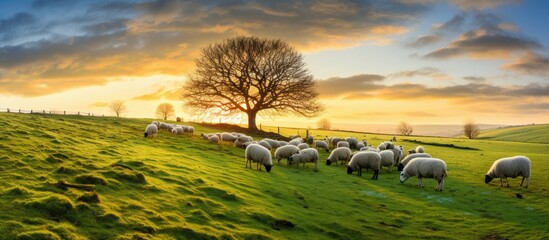 Wall Mural - UK farm with sheep grazing in a green field at sunset in winter