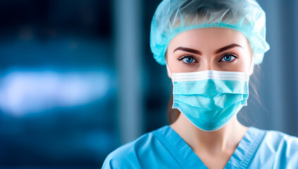 Wall Mural - Portrait of a female surgeon, doctor or nurse wearing a facemask and a hairnet for sterile hygienic environment before treating a patient. Shallow field of view with copy space.