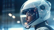 Close Up Woman Wearing A Futuristic Motorcycle Helmet.