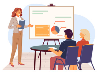 Business woman presentation. Female speaker on office seminar, manager shows report employees, partners and colleagues. Businesswoman presents infographic. Cartoon flat vector concept