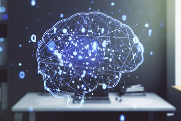 Wall Mural - Double exposure of creative artificial Intelligence symbol and modern desktop with laptop on background. Neural networks and machine learning concept