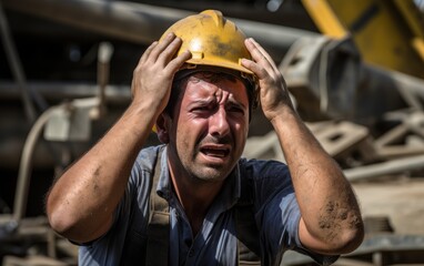 Stressed construction worker at a construction site under pressure. Generative IA