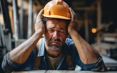 Stressed construction worker at a construction site under pressure. Generative IA