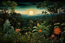 Artwork Depicting Equatorial Forest, Created By Rousseau In 1909 Using Oil On Canvas. Generative AI