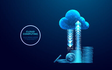 Aufkleber - Abstract digital cloud with arrows up and down and dollar coins tower. Cloud mining or digital investment technology concept. Low poly wireframe vector illustration in futuristic hologram blue style. 