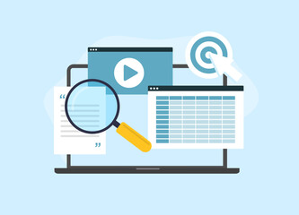 Wall Mural - content marketing tool concept. writing seo focused text and video content. grow traffic, convert le