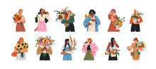 Happy Girls With Flowers Set. Beautiful Women Holding Floral Bunches, Bouquets. Female Characters With Romantic Gifts, Blooms In Hands. Flat Graphic Vector Illustrations Isolated On White Background