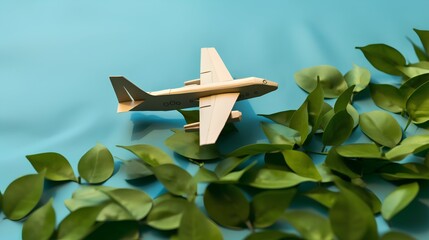 Wall Mural - A creatively designed cardboard airplane and a trail of vibrant green leaves. The concept of sustainable aviation, highlighting the importance of ecofriendly practices in the aviation industry.