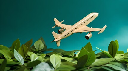 Wall Mural - A creatively designed cardboard airplane and a trail of vibrant green leaves. The concept of sustainable aviation, highlighting the importance of ecofriendly practices in the aviation industry.