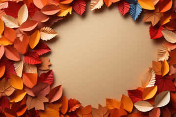 colorful paper autumn leaves frame on beige background. origami paper cut style fall leaves backgrou