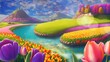 tulips in the park with river and mountain panorama,  Cartoon or anime watercolor painting illustration style. seamless looping 4K time-lapse virtual video animation background