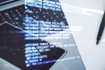 Wall Mural - multi exposure of abstract creative coding sketch on modern laptop background, artificial intelligen