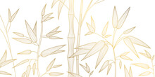 Vector Art Deco Luxury Bamboo Leaves Line Pattern, Golden Background. Hand Drawn Florals For Packaging, Social Media Post, Cover, Banner, Creative Post And Wall Arts. Japanese Style