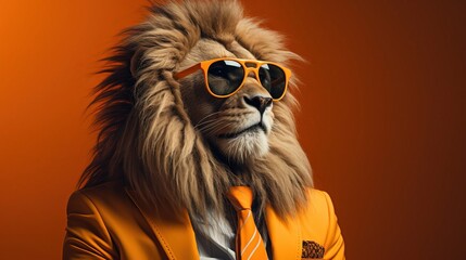 A lion in an orange suit and sunglasses on an orange background, created with Generative Ai technology.