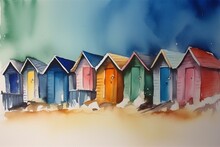 Watercolor Painting Of Seaside Beach Huts. Generative AI
