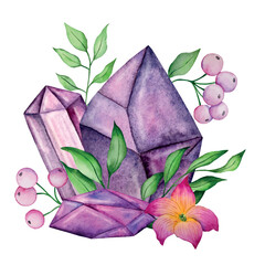 Wall Mural - Watercolor vector compositions with gemstones and flowers