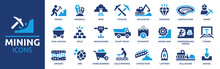 Mining Icon Set. Containing Minerals, Gold, Pickaxe, Miner, Excavator, Diamond, Coal Wagon, Jackhammer And Gold Panning Icons. Solid Icon Collection. Vector Illustration. 
