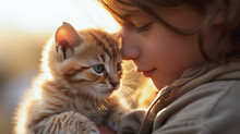 Portrait Of A Young Girl Hugging Her Yellow Tabby Kitten.