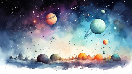 Wall Mural - planets in space on a white background, watercolor drawing for children primitive minimalistic poster illustration