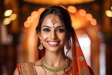 Beautiful indian woman in sari and jewelry smiling at camera