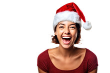Isolated Portrait Of An Excited Satisfied Happy Laughing Woman With Open Mouth Wearing A Christmas Santa Hat On A Transparent Background