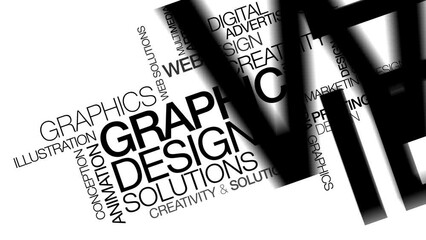 Wall Mural - Graphic Design words tag cloud black and white text animation
