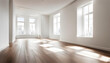 © anmitsu - A large, empty room with a wooden floor, white walls, and large windows that let in bright natural light.