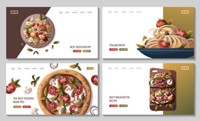 Wall Mural - Set of web pages with Italian pizza, pasta, bruschetta. Italian food, healthy eating, cooking, recipes, restaurant menu concept. Vector illustration for banner, website, poster.