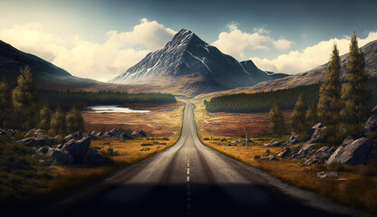 Wall Mural - Empty long mountain road to the horizon on a sunny summer day at a bright sunset. Generative AI