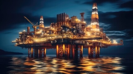 Poster - Oil and Gas Drilling Rig over Offshore Platform, Offshore oil rig at night.