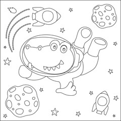  Vector illustration of cute crocodile Astronaut Floating In Space. Cartoon isolated vector illustration, Creative vector Childish design for kids activity colouring book or page.