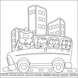 Fototapeta Dinusie - Cute animals on the bus funny animal cartoon, Vector illustration. T-Shirt Design for children. Design elements for kids. Coloring book or page