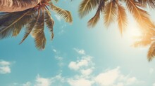 View Of Blue Sky And Palm Trees From Below, Vintage Style, Tropical Beach And Summer Background, Travel Concept.