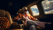 © Sunshine Design - Lifestyle of the Affluent. An older man in an extravagant orange jacket, exuding sophistication, relaxes on his private jet in style