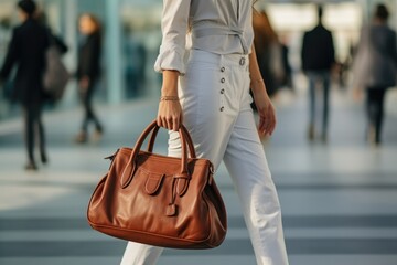 Poster - Woman Carrying a Leather Handbag on busy city street.