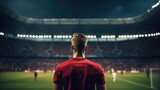 Fototapeta Fototapety sport - Back view of footballer standing in front of a huge stadium filled full of fans. Generative AI