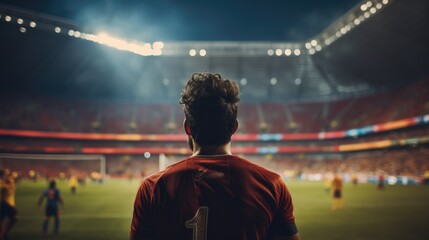 Wall Mural - Back view of footballer standing in front of a huge stadium filled full of fans. Generative AI