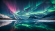 the aurora borealis above the ice glacier are behind the pointed snow peaks