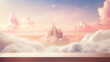Empty table against a backdrop of soft pink clouds and a pastel fairytale castle in the distance
