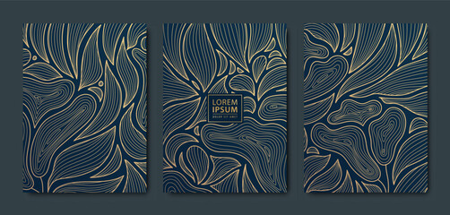 Vector japanese leaves art deco patterns. Floral golden elements template in vintage style. Luxury black line covers, flyers, brochures, packaging design, social media post, banners.