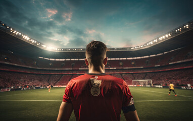 Wall Mural - Back view of footballer standing in front of a huge stadium filled full of fans. Generative AI