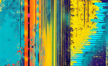 Glitch Distorted Grungy Abstract Art Cover Background With Rough Broken Vertical Turquoise, Orange And Yellow Lines. Distressed Effect.