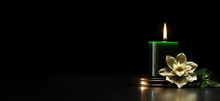 Burning Candles And White Flowers On Black Background With Space For Text. Funeral Concept.