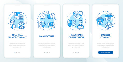 2D icons representing AI engineer mobile app screen set. Walkthrough 4 steps blue graphic instructions with line icons concept, UI, UX, GUI template.