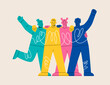 © Stranger Man - Group of diverse happy young people standing together and hugging. Team of friends. Diversity and friendship concept. Colorful vector illustration